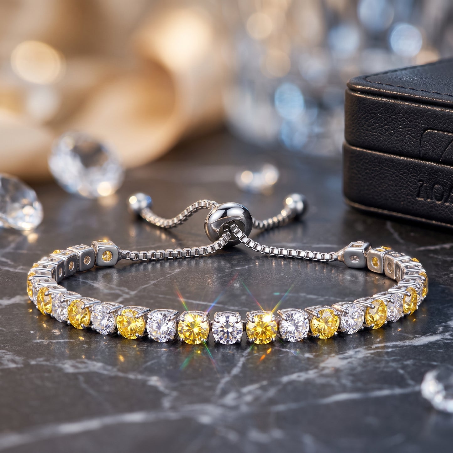 925 Sterling Silver Plated Tennis Bracelet with Yellow and White Cubic Zirconia - Silver