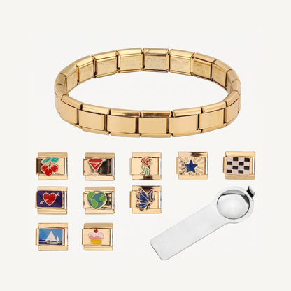 Italian Charm Bracelet with 10 Charms and Opening Tool - Gold