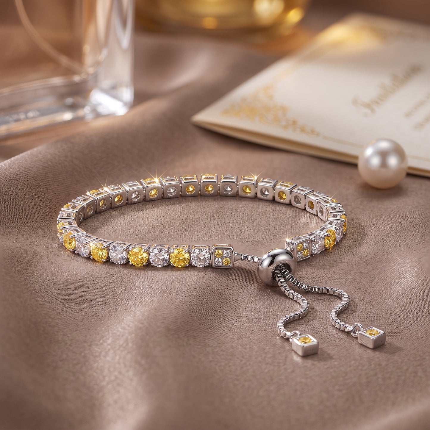 925 Sterling Silver Plated Tennis Bracelet with Yellow and White Cubic Zirconia - Silver