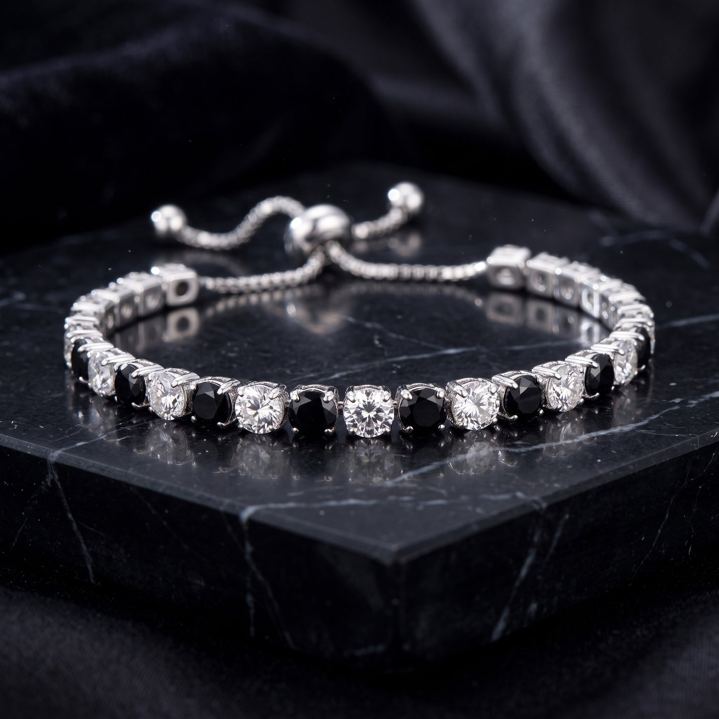 925 Sterling Silver Plated Tennis Bracelet with Black and White Cubic Zirconia - Silver