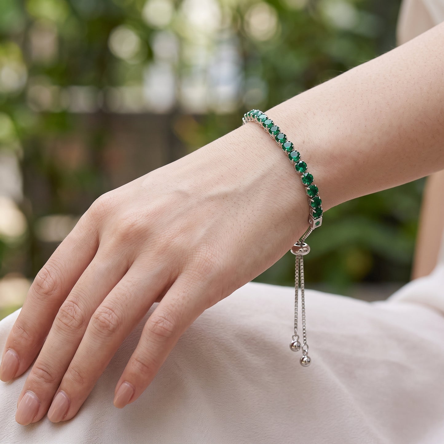 925 Sterling Silver Plated Tennis Bracelet with Solid Green Cubic Zirconia - Silver