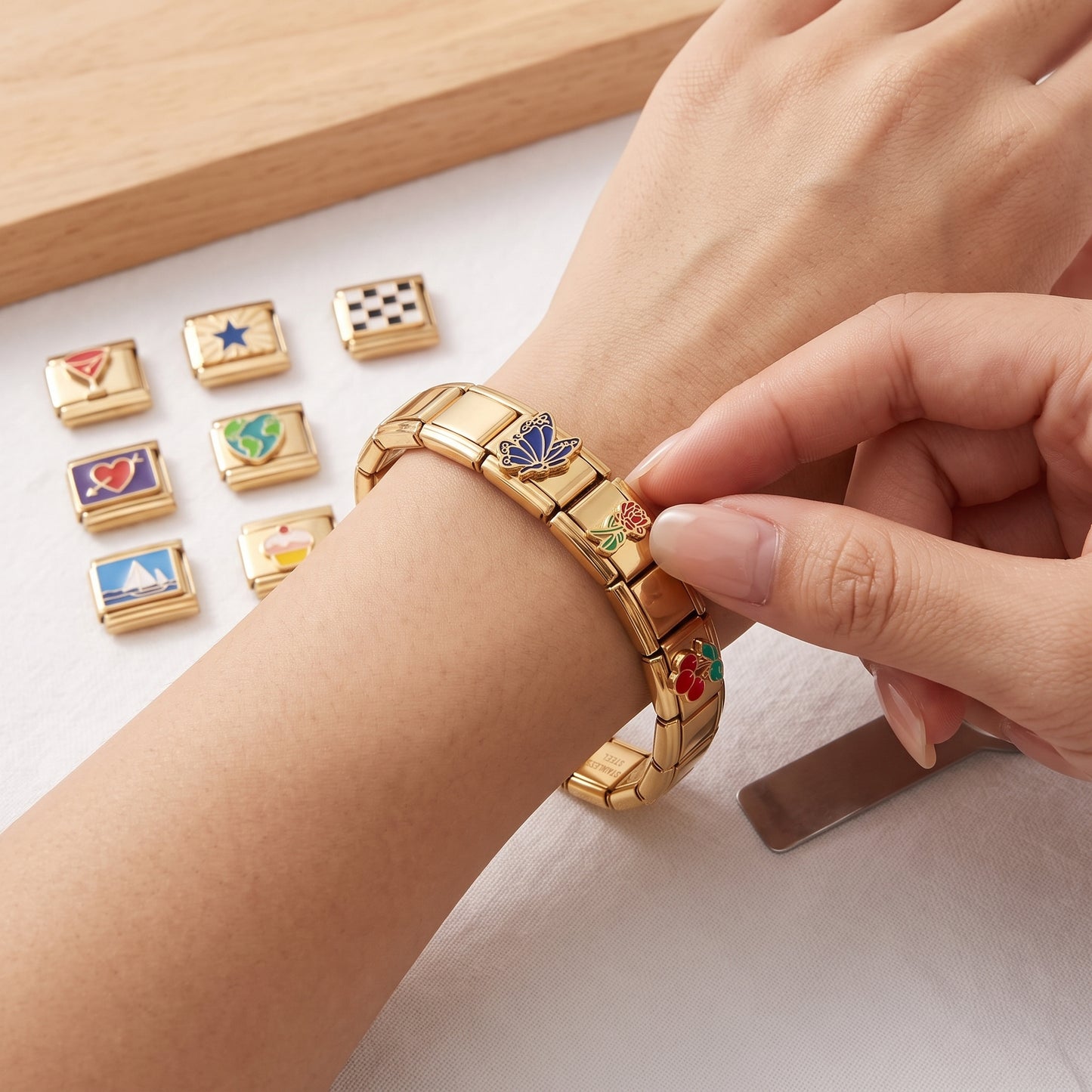 Italian Charm Bracelet with 10 Charms and Opening Tool - Gold