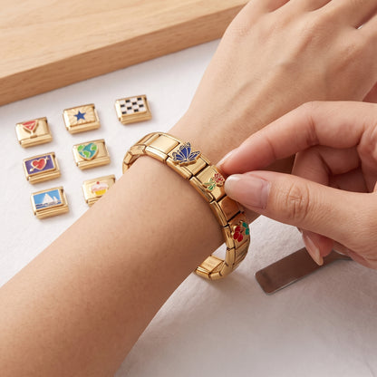 Italian Charm Bracelet with 10 Charms and Opening Tool - Gold