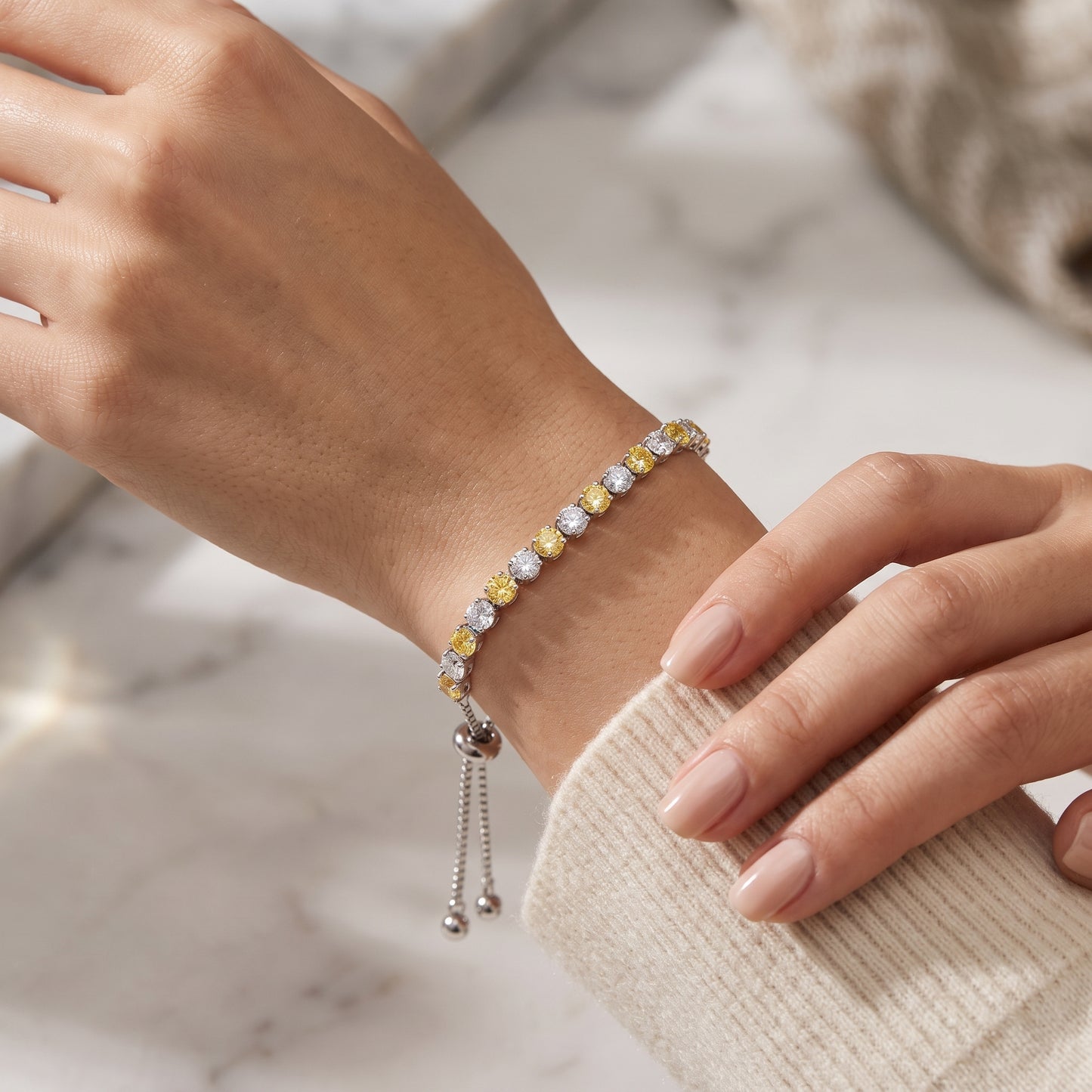 925 Sterling Silver Plated Tennis Bracelet with Yellow and White Cubic Zirconia - Silver