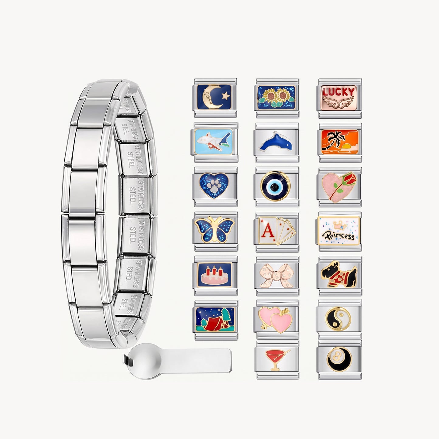 Italian Charm Bracelet Set with 20 Charms - Silver