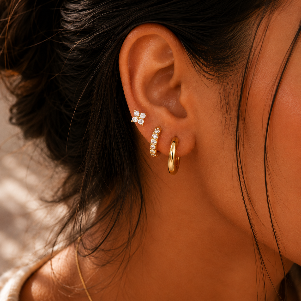 925 Sterling Silver Leaf CZ Stud and Hoop Earring Set of 3 Pairs - Gold