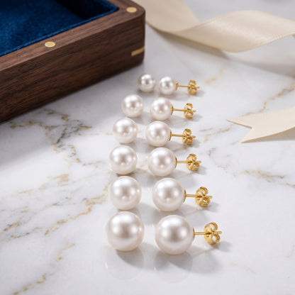 14K Gold Plated Pearl Stud Earrings Set of 6 Pairs - Gold