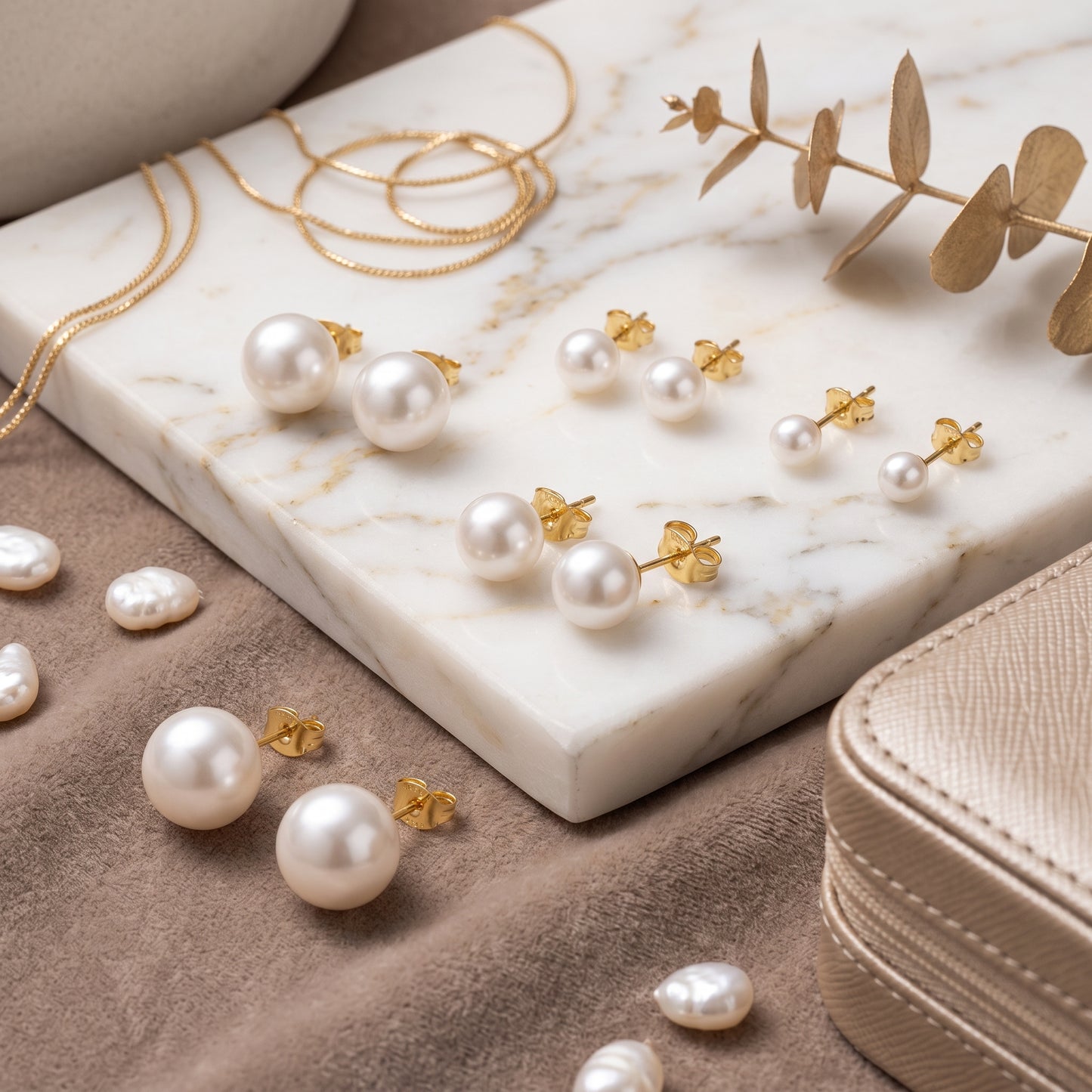 14K Gold Plated Pearl Stud Earrings Set of 6 Pairs - Gold