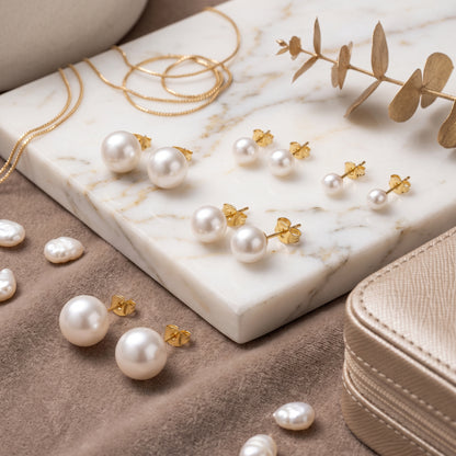 14K Gold Plated Pearl Stud Earrings Set of 6 Pairs - Gold