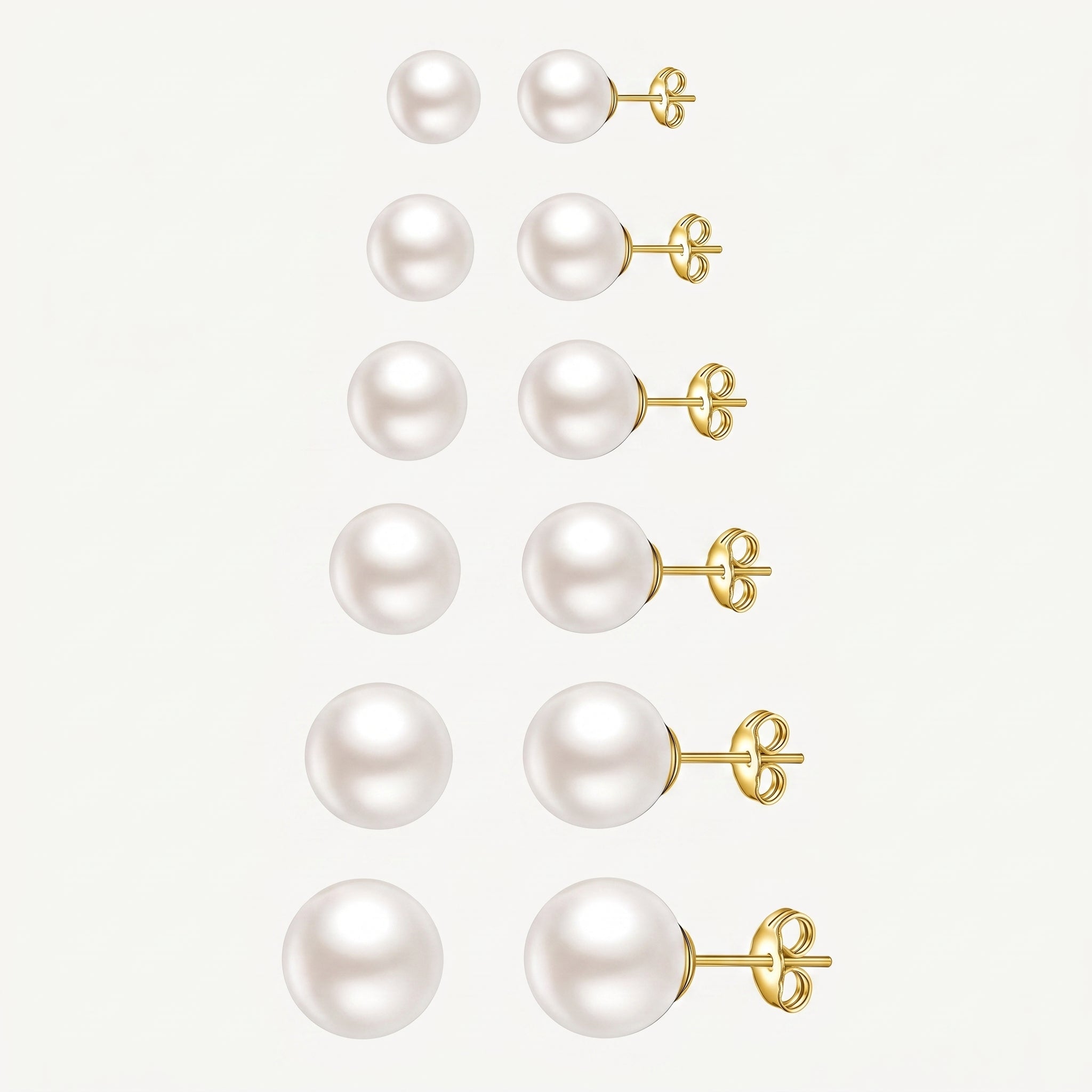 14K Gold Plated Pearl Stud Earrings Set of 6 Pairs - Gold