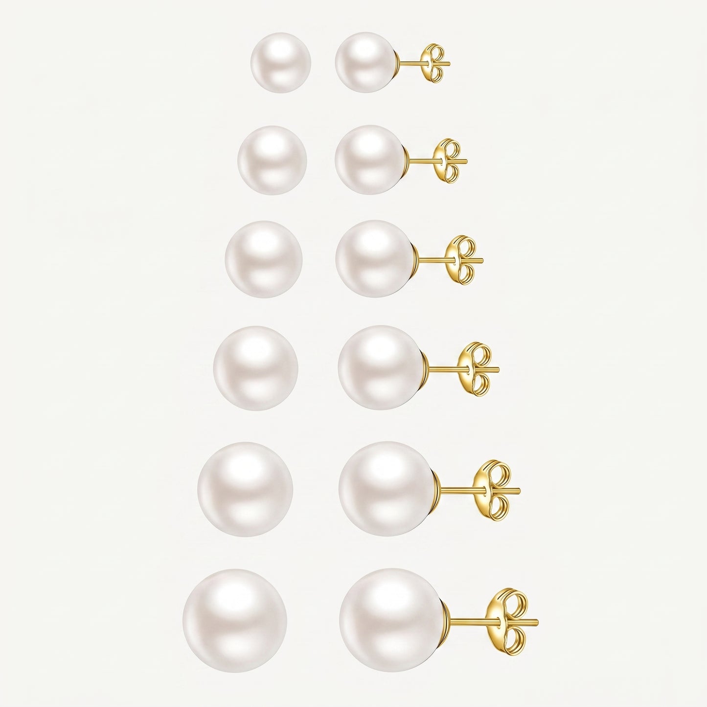 14K Gold Plated Pearl Stud Earrings Set of 6 Pairs - Gold