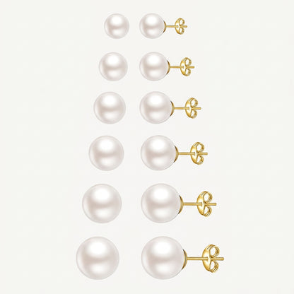 14K Gold Plated Pearl Stud Earrings Set of 6 Pairs - Gold