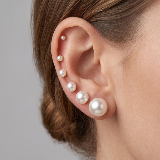 14K Gold Plated Pearl Stud Earrings Set of 6 Pairs - Gold