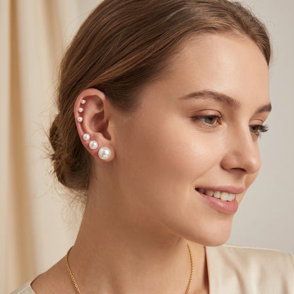14K Gold Plated Pearl Stud Earrings Set of 6 Pairs - Gold
