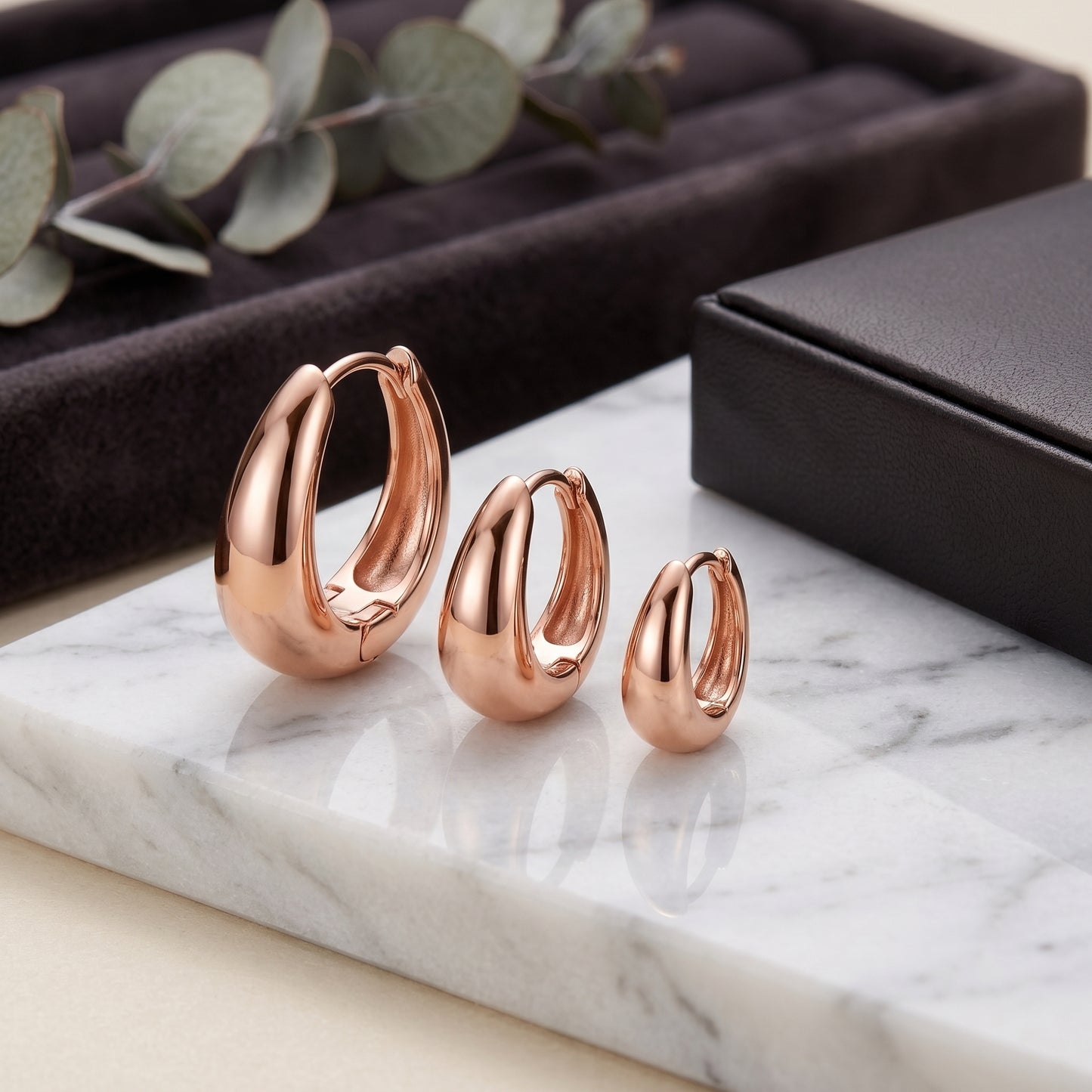 14K Rose Gold Plated Huggie Hoop Earrings Set of 3 Pairs - Rose Gold