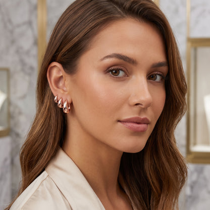 14K Rose Gold Plated Huggie Hoop Earrings Set of 3 Pairs - Rose Gold
