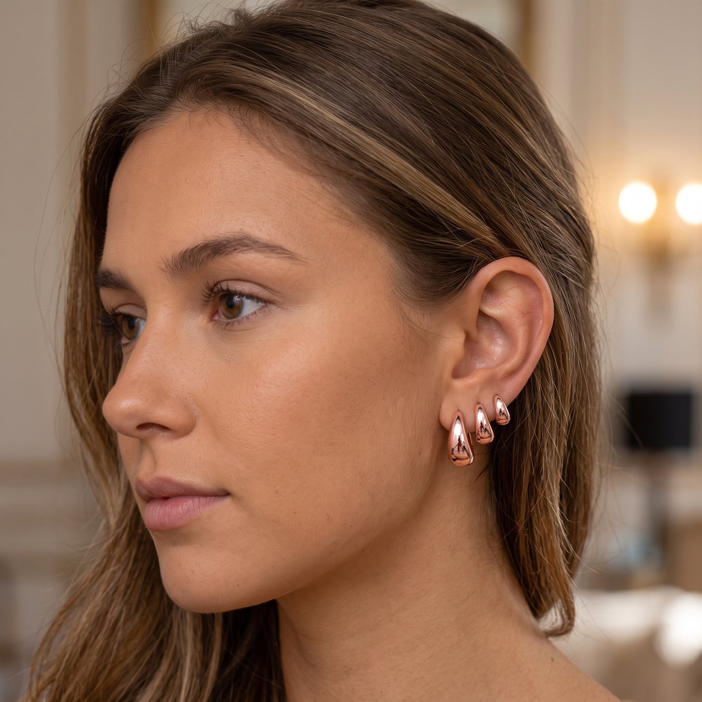 14K Rose Gold Plated Huggie Hoop Earrings Set of 3 Pairs - Rose Gold