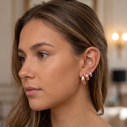 14K Rose Gold Plated Huggie Hoop Earrings Set of 3 Pairs - Rose Gold