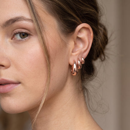 14K Rose Gold Plated Huggie Hoop Earrings Set of 3 Pairs - Rose Gold