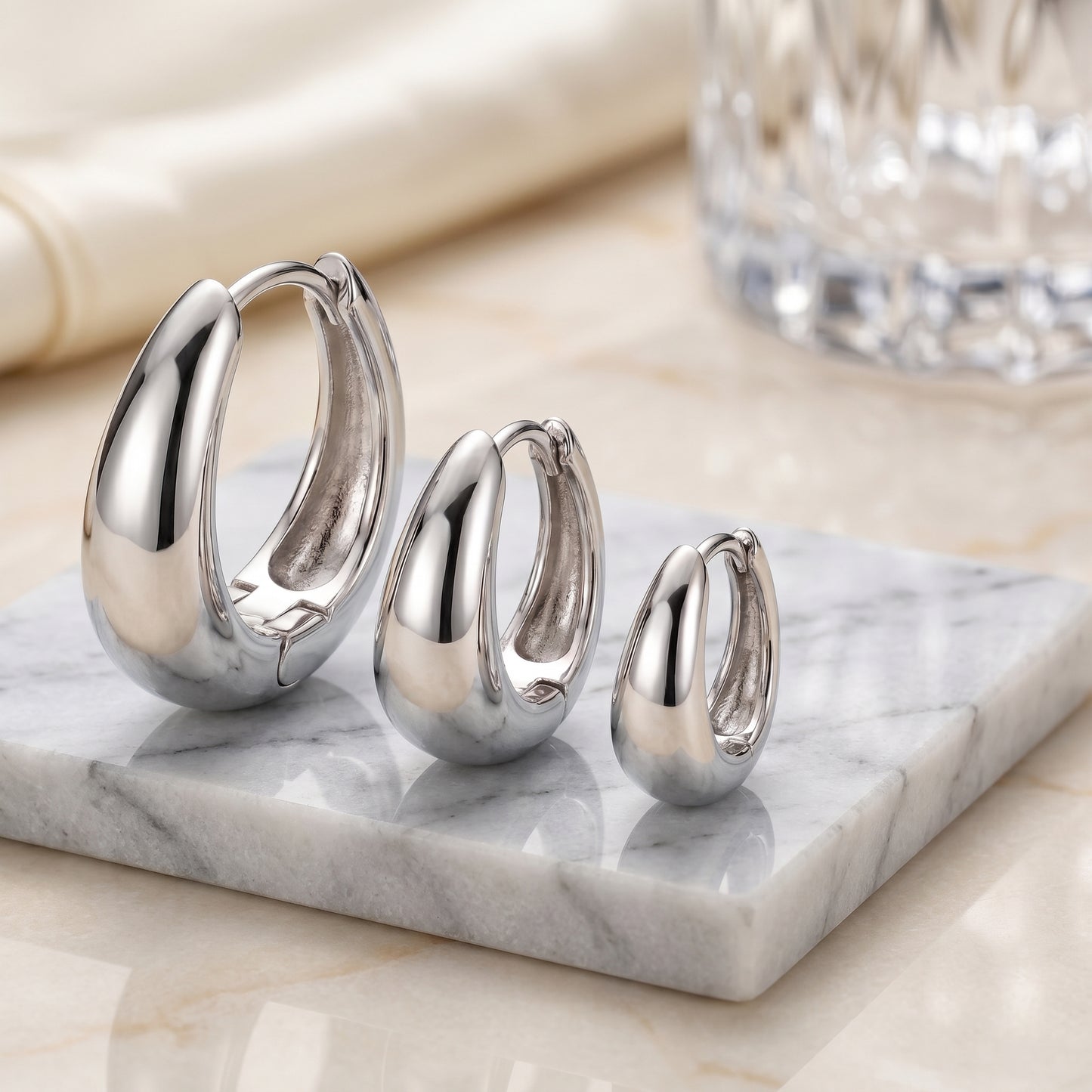 14K Silver Plated Huggie Hoop Earrings Set of 3 Pairs - Silver