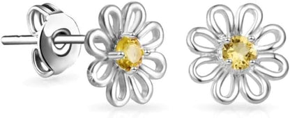 Yellow Crystal Daisy Stud Earrings in Silver