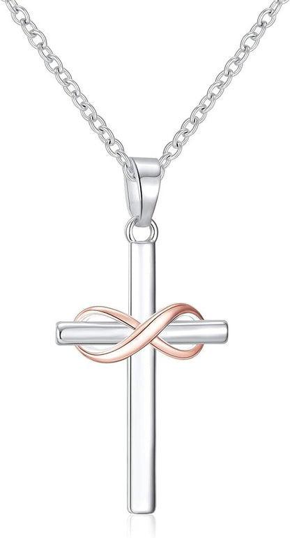 925 Sterling Silver Infinity Cross Necklace with Cubic Zirconia - Rose Gold