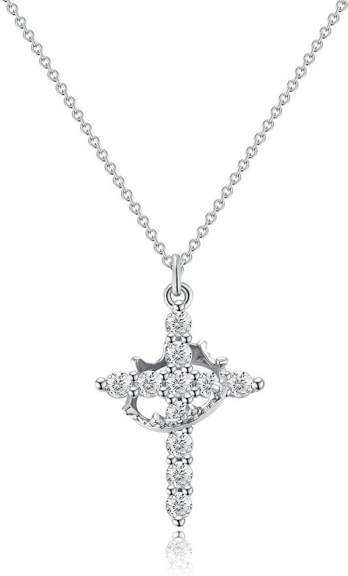 14K Gold Plated Crown Cross Necklace with Cubic Zirconia - Silver