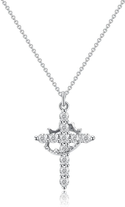 14K Gold Plated Crown Cross Necklace with Cubic Zirconia - Silver