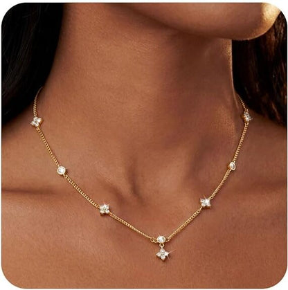14K Gold Plated Four Leaf Clover and Heart Necklace with 5A Cubic Zirconia - Gold