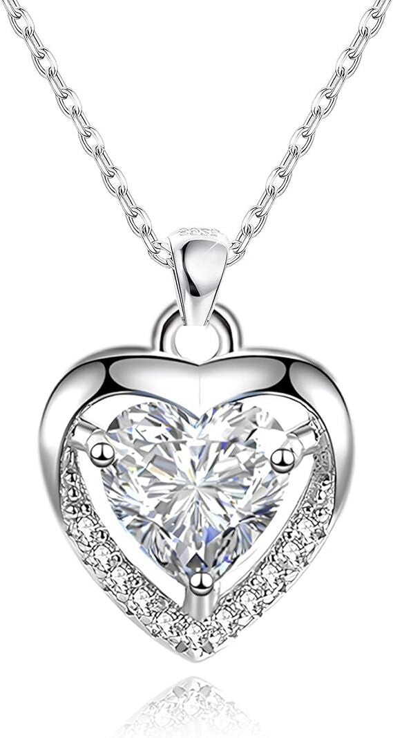 925 Sterling Silver Heart Necklace with White Crystal Cubic Zirconia