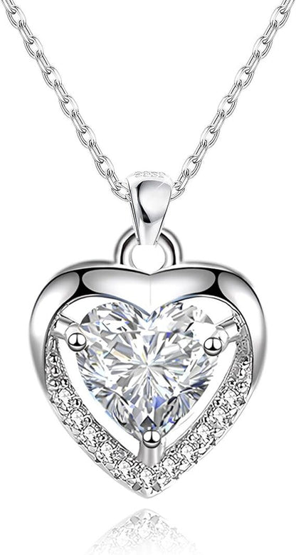 925 Sterling Silver Heart Necklace with White Crystal Cubic Zirconia