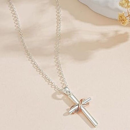 925 Sterling Silver Infinity Cross Necklace with Cubic Zirconia - Rose Gold