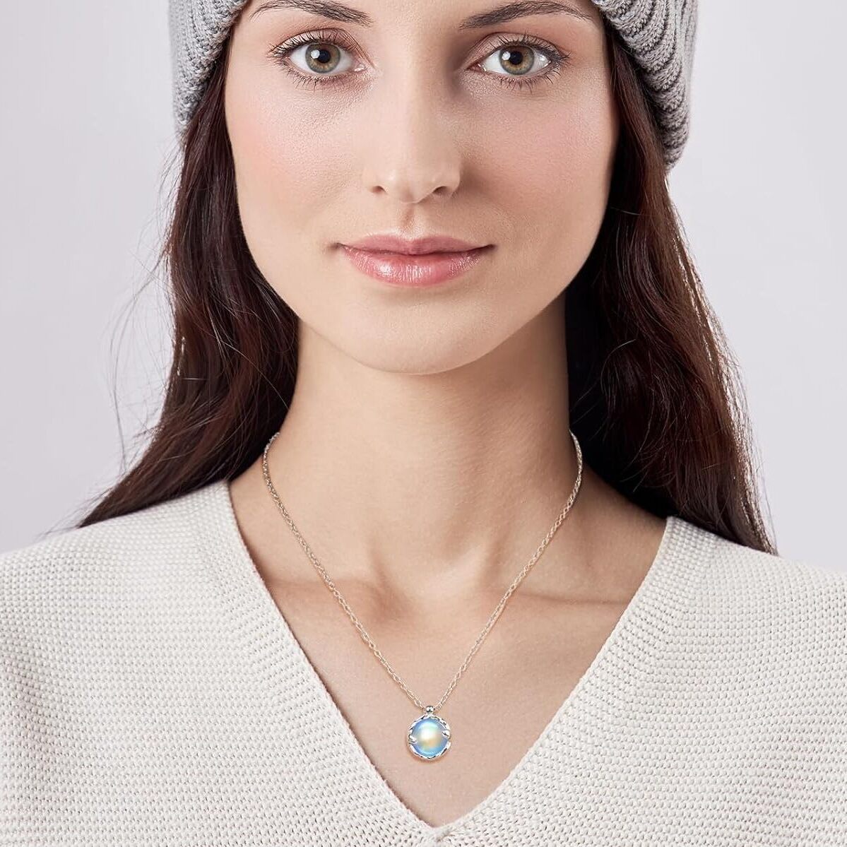 Handmade Blue Moonstone Circle Pendant Necklace - Silver