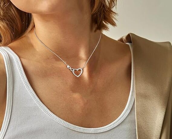 925 Sterling Silver Infinity Heart Necklace with Cubic Zirconia - Silver