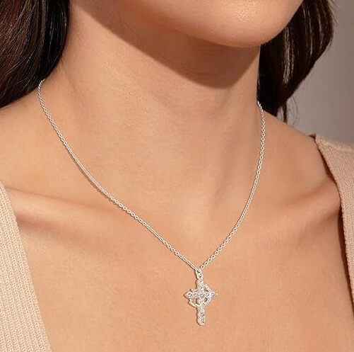 14K Gold Plated Crown Cross Necklace with Cubic Zirconia - Silver
