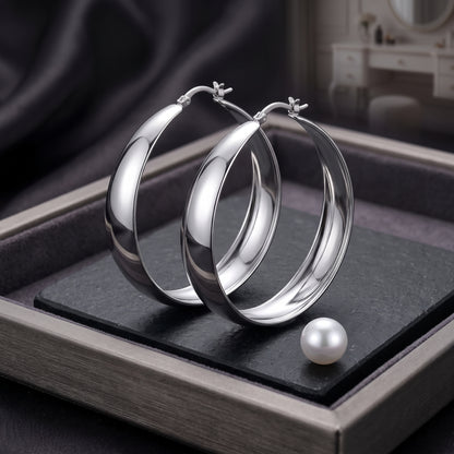 925 Sterling Silver Chunky Hoop Earrings - Silver 50mm