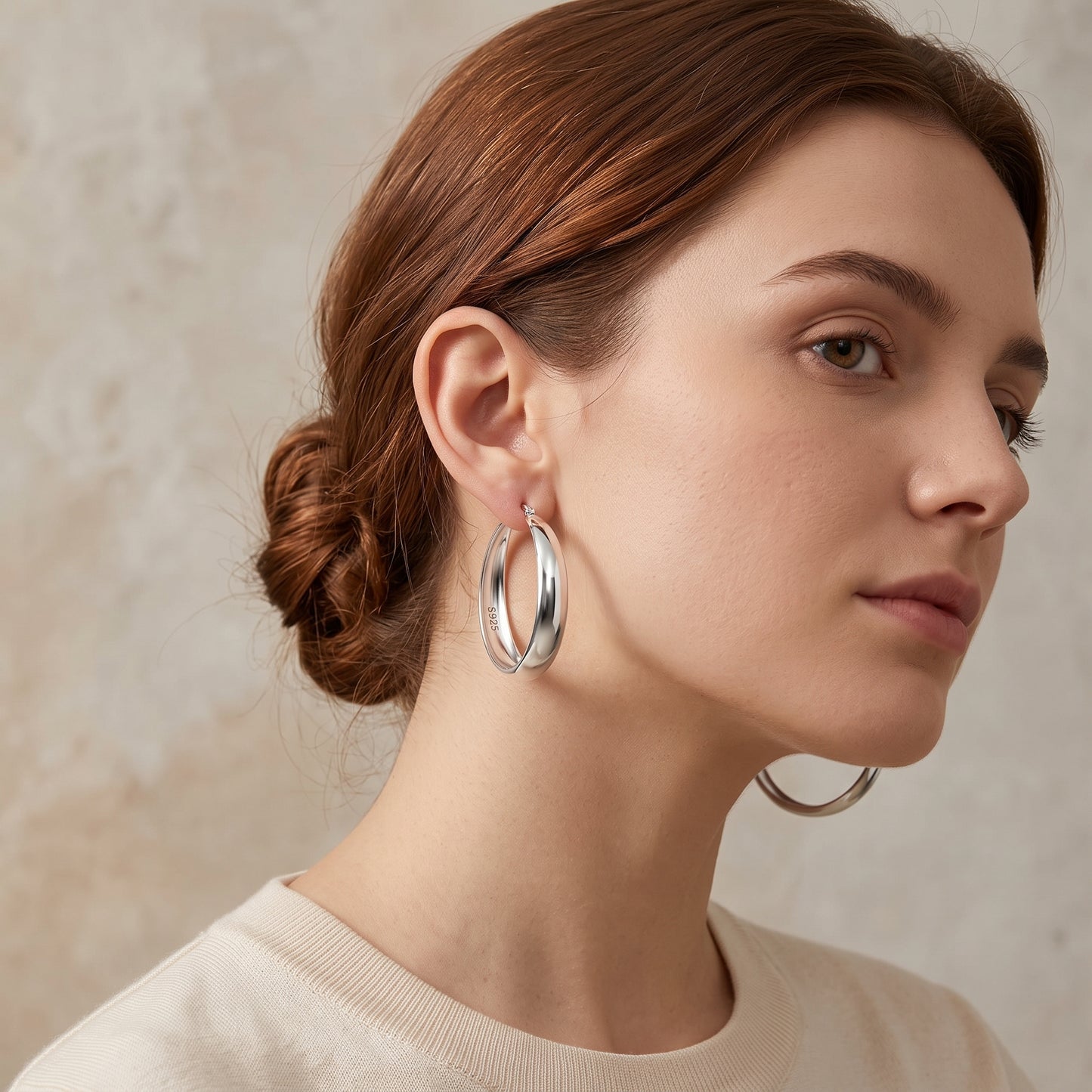 925 Sterling Silver Chunky Hoop Earrings - Silver 50mm