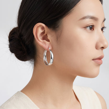 925 Sterling Silver Chunky Hoop Earrings - Silver 50mm