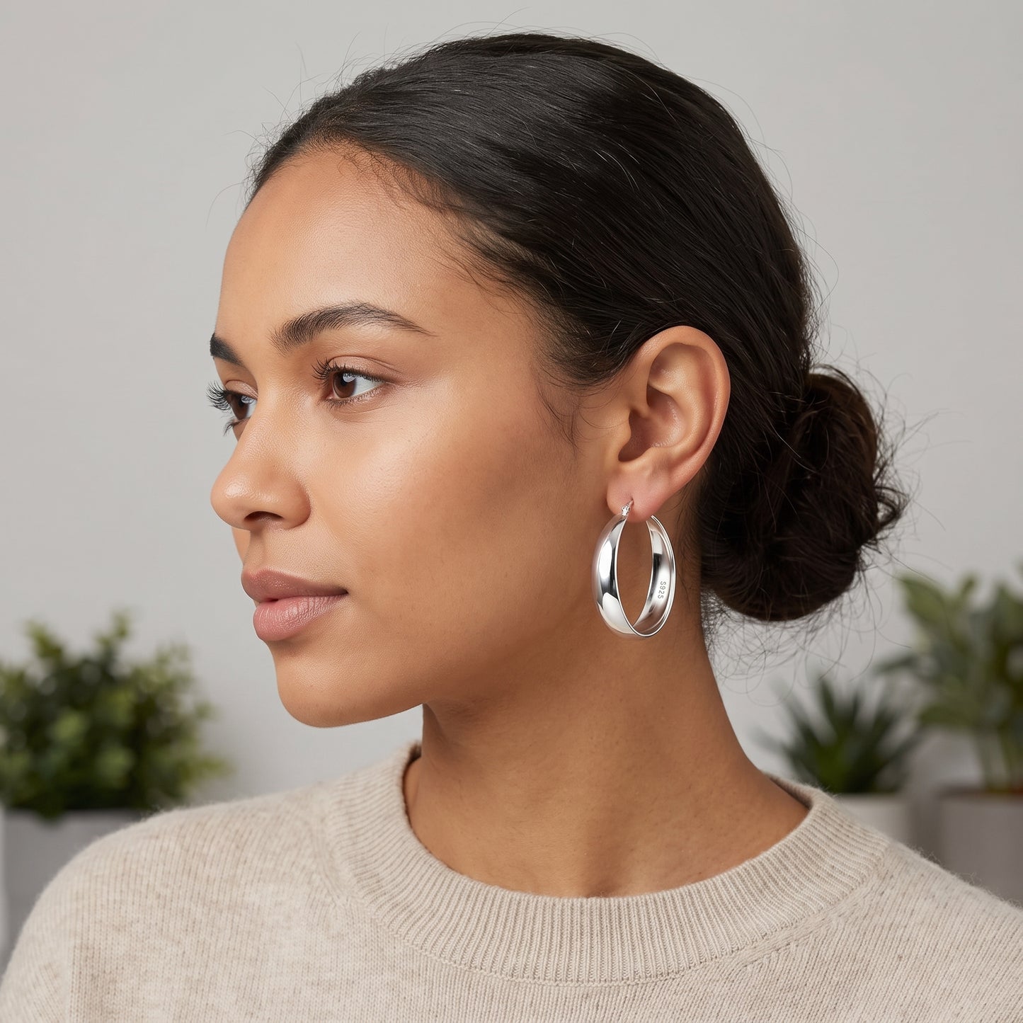 925 Sterling Silver Chunky Hoop Earrings - Silver 50mm