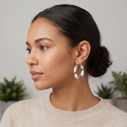 925 Sterling Silver Chunky Hoop Earrings - Silver 50mm