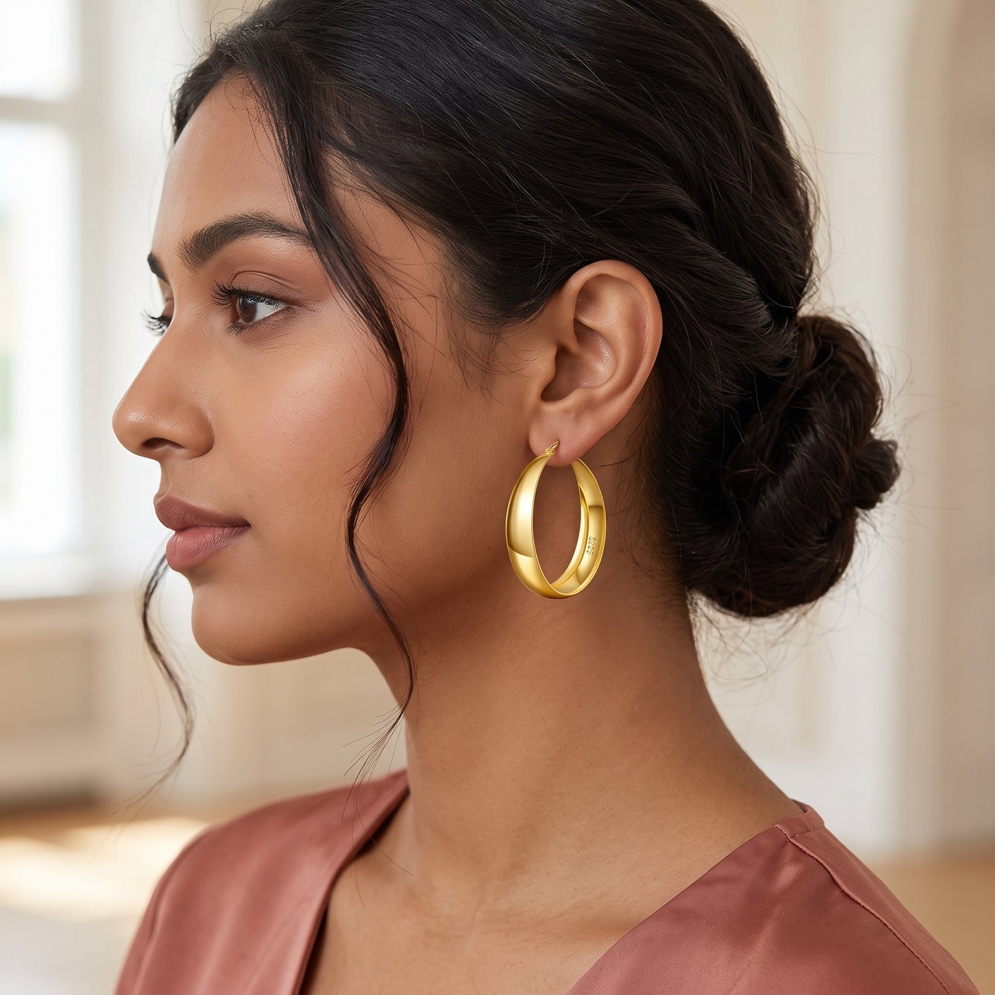 925 Sterling Silver Chunky Hoop Earrings with Gold Plating - 30mm