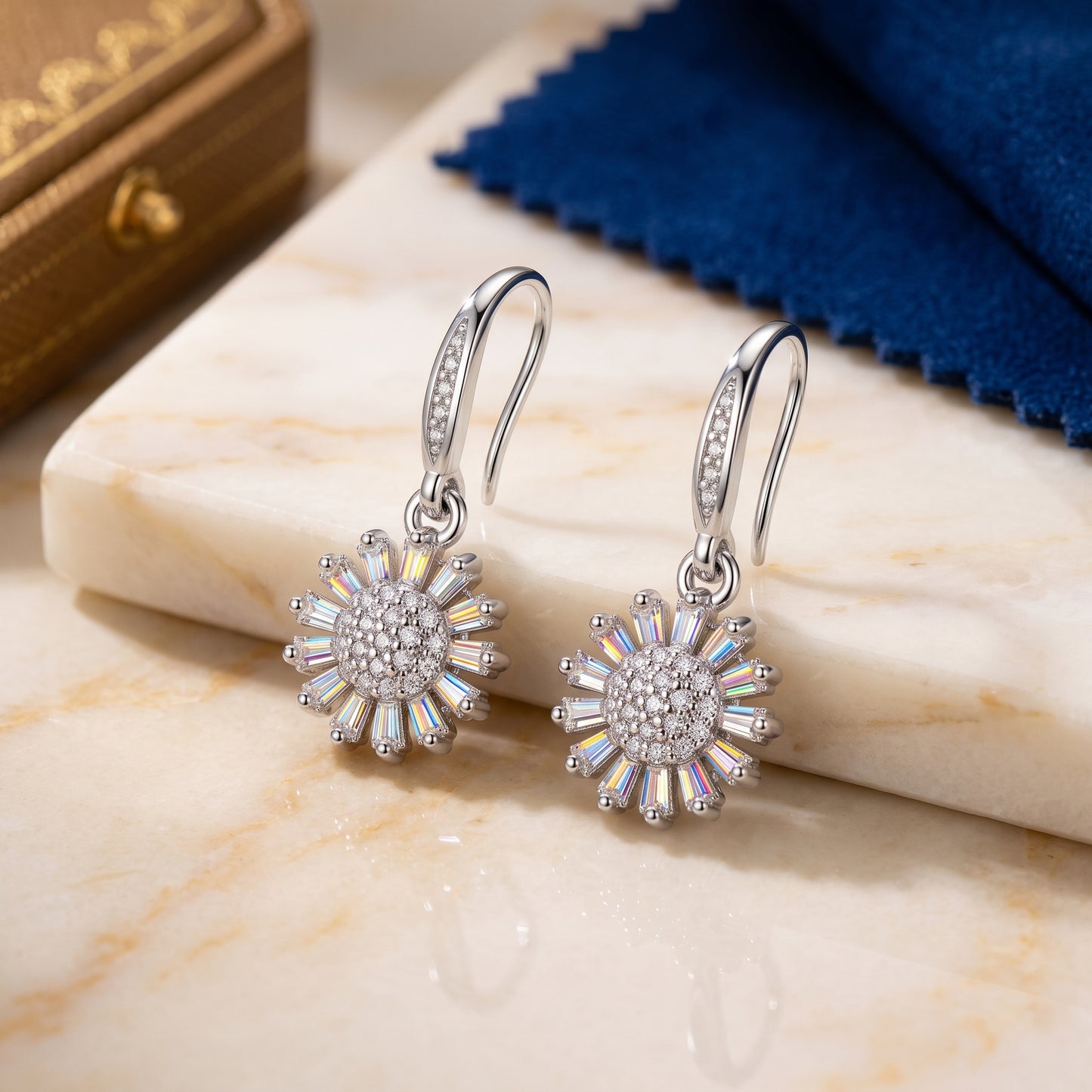 925 Sterling Silver Daisy Drop Earrings with Cubic Zirconia