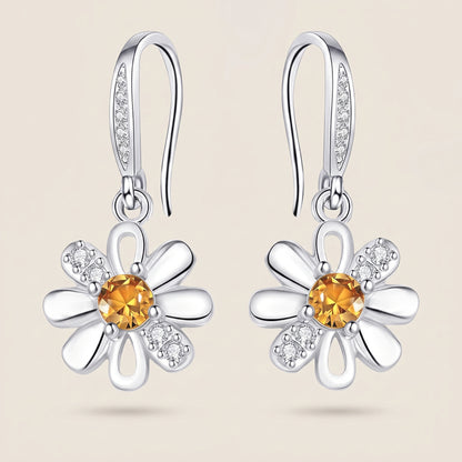 925 Sterling Silver Daisy Drop Earrings with Cubic Zirconia - Silver