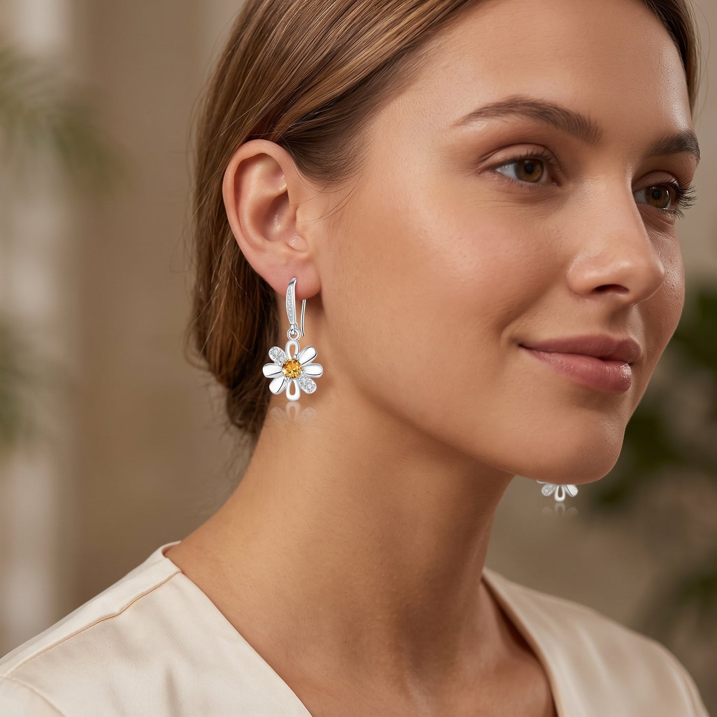 925 Sterling Silver Daisy Drop Earrings with Cubic Zirconia - Silver