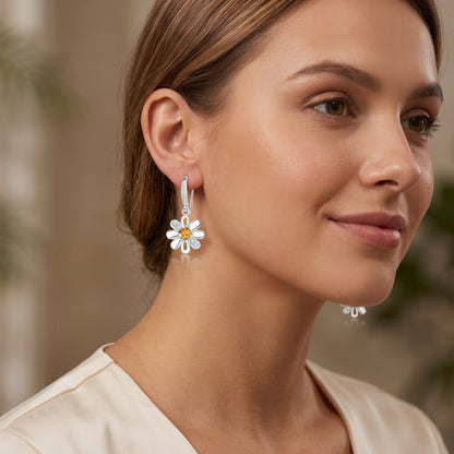 925 Sterling Silver Daisy Drop Earrings with Cubic Zirconia - Silver