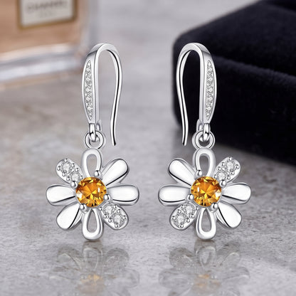 925 Sterling Silver Daisy Drop Earrings with Cubic Zirconia - Silver