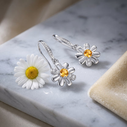 925 Sterling Silver Daisy Drop Earrings with Cubic Zirconia - Silver