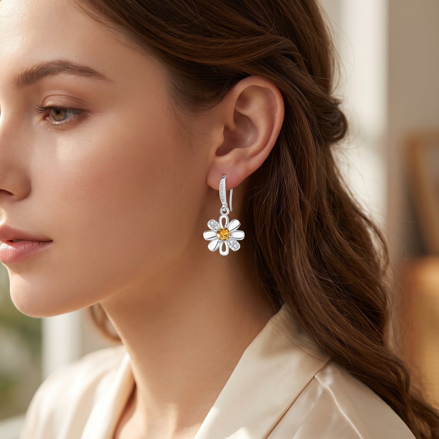 925 Sterling Silver Daisy Drop Earrings with Cubic Zirconia - Silver