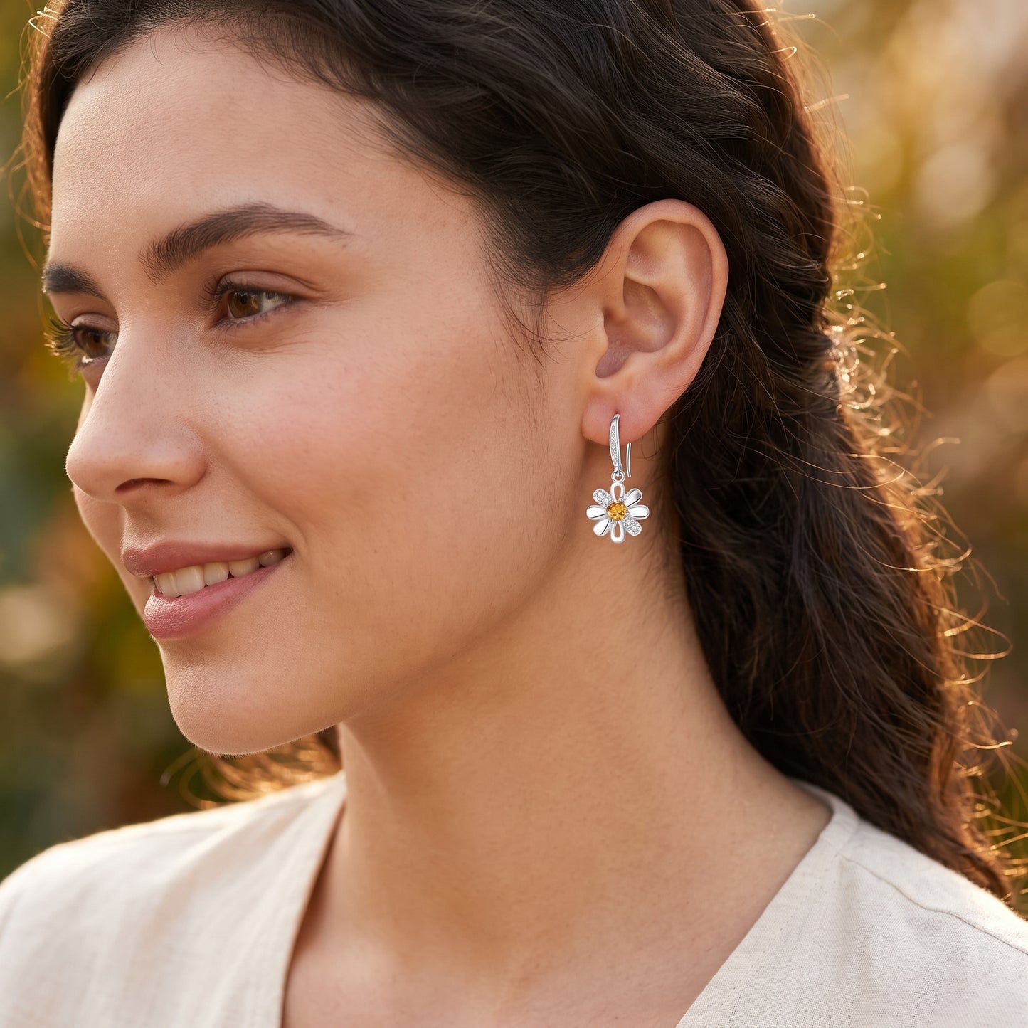 925 Sterling Silver Daisy Drop Earrings with Cubic Zirconia - Silver