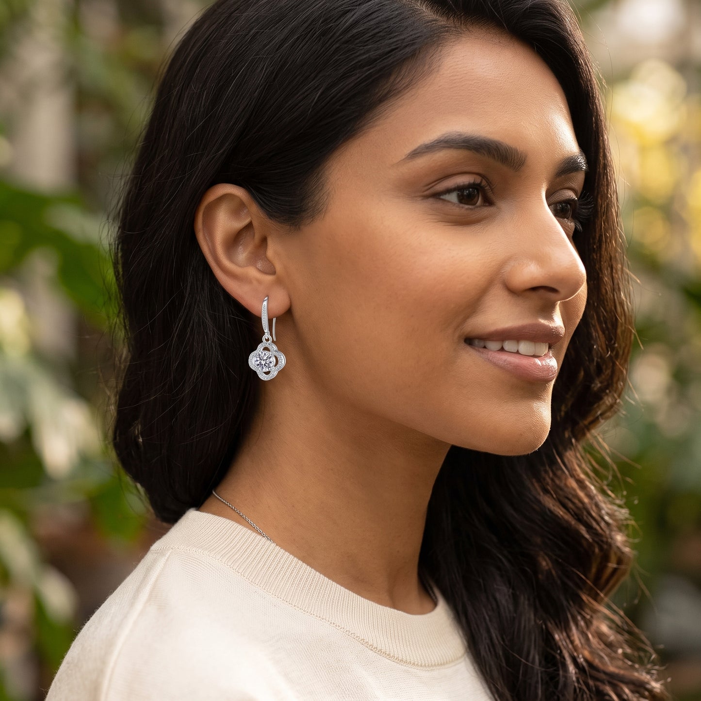 925 Sterling Silver Leaf Drop Earrings with Cubic Zirconia - Silver